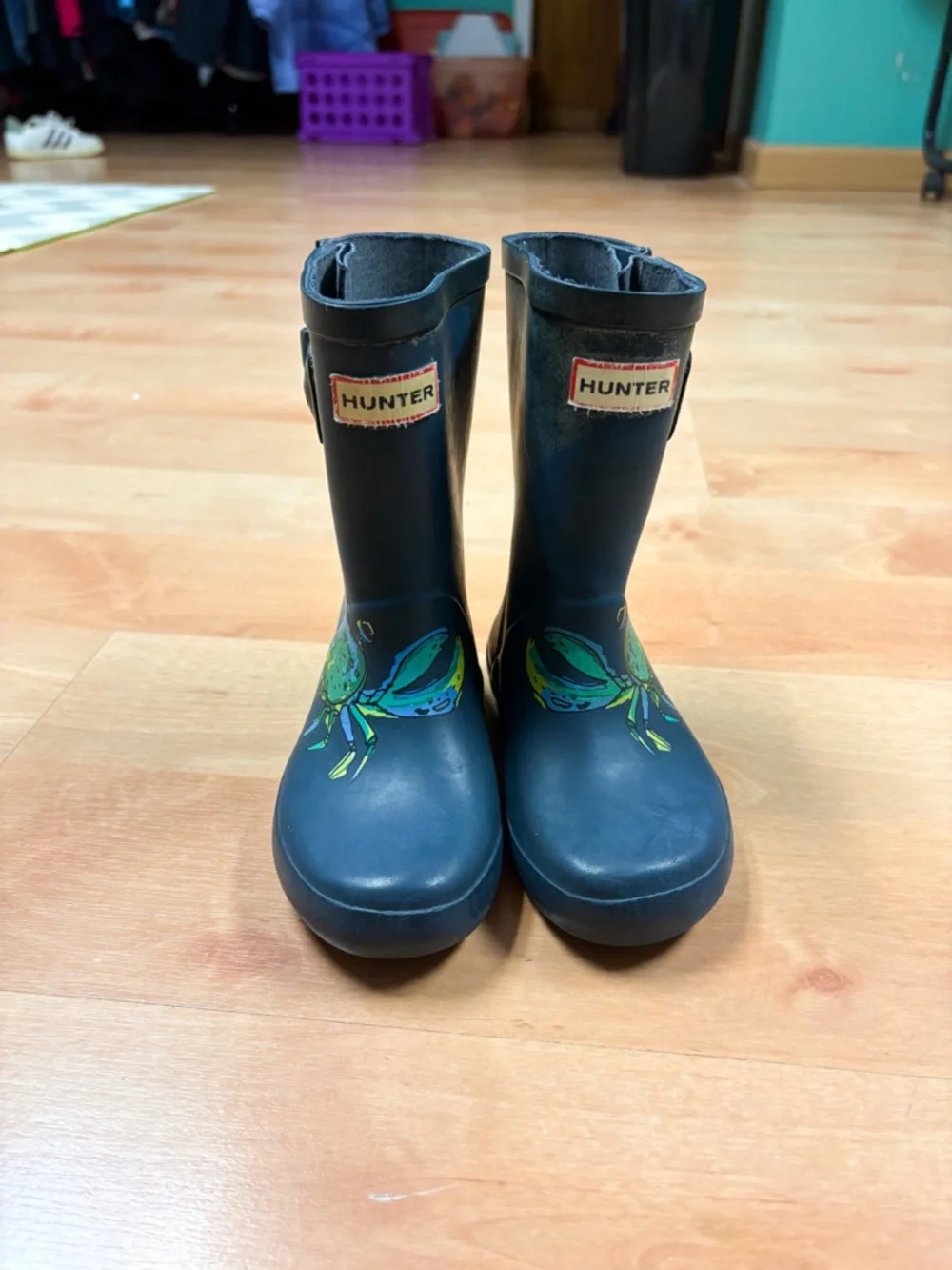 Hunter Navy Blue & Green Crab Graphic Rubber Rain Boots Unisex Toddler 8